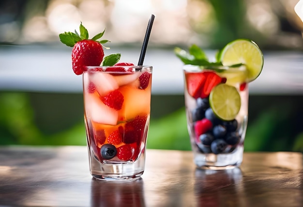 frutta e acqua Bevanda ghiacciata multicolore fatta di succo Limonata di frutta dolce e molto fredda Una varietà con diversi sapori di cocktail Smoothies di frutta in bicchieri di plastica con mirtilli