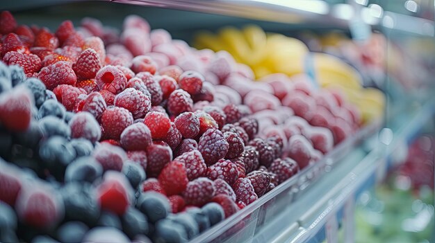 Frutta e bacche congelate in vetrina al supermercato