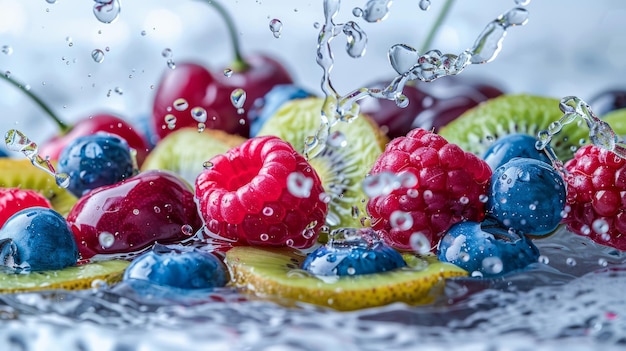 Frutta e bacche fresche con spruzzo d'acqua Concetto di alimentazione sana