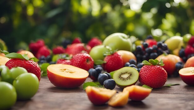 Frutta e bacche fresche su un tavolo di legno in giardino Focalizzazione selettiva