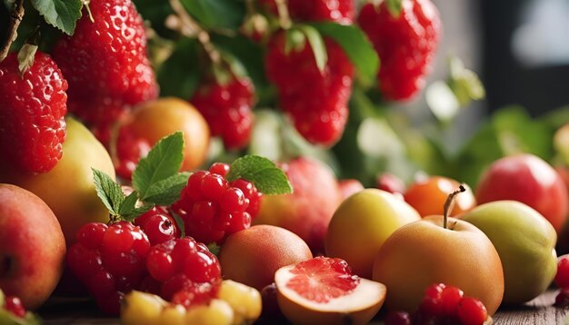 Frutta e bacche su un tavolo di legno in primo piano