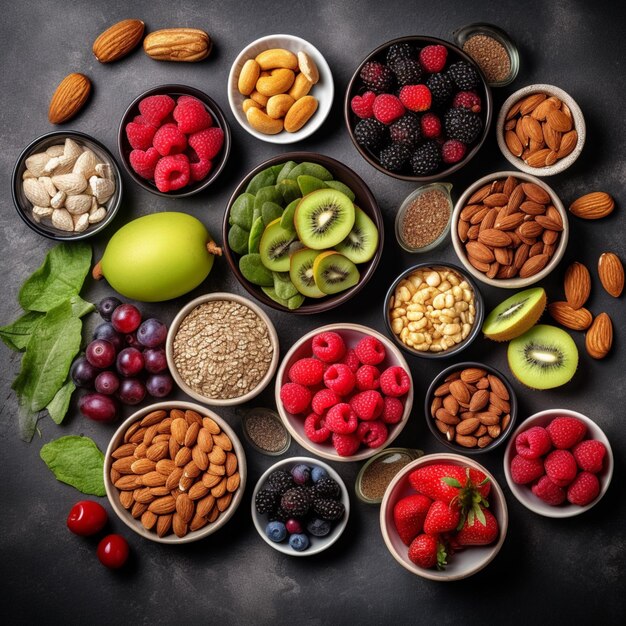 Frutta e cibo sano in diversi contenitori su uno sfondo nero Dieta nutrizione fitness