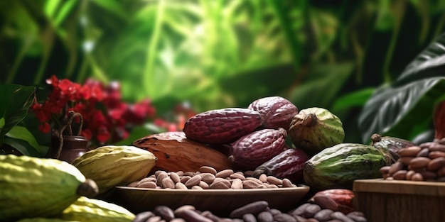 Frutta e fagioli crudi del cacao sulla tavola di legno