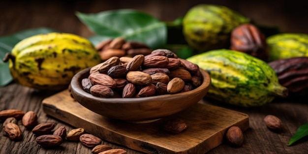 Frutta e fagioli crudi del cacao sulla tavola di legno