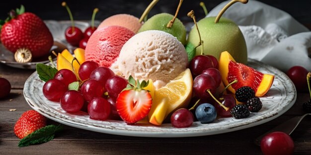 Frutta e gelato nel piatto