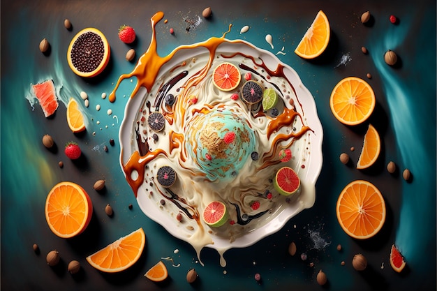 Frutta e gelato nel piatto