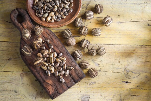 Frutta e olio di ricino sul tavolo di legno Ricinus communis