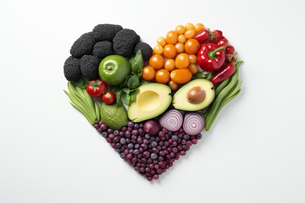 Frutta e verdura assortite che formano una forma di cuore su uno sfondo bianco vista dall'alto