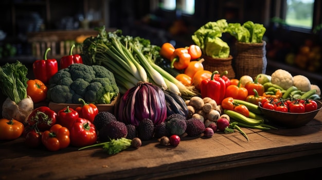 Frutta e verdura biologica esposte su un tavolo di legno rustico