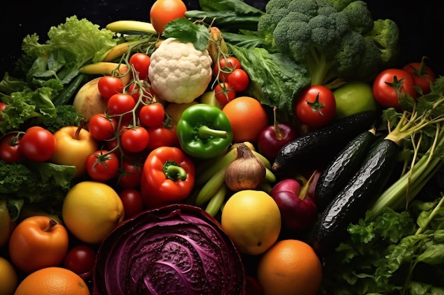 Frutta e verdura colorate su sfondo nero Frutta e verdure varie Alimentazione sana