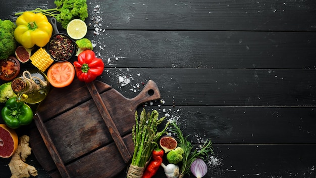 Frutta e verdura fresca Cibo sano Vista dall'alto Spazio libero per la copia