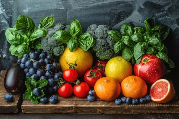 Frutta e verdura fresca disposta su un tavolo di legno