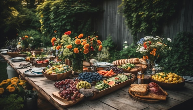 Frutta e verdura fresca in cestino rustico generato da AI