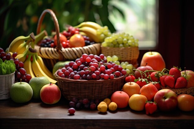 Frutta e verdura fresca in cesto su tavolo di legno