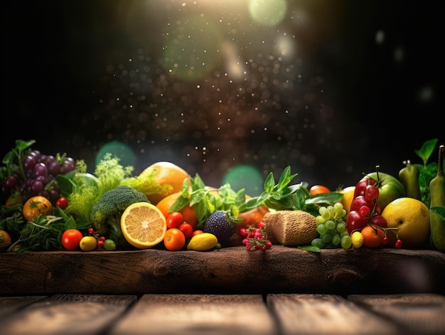 Frutta e verdura fresca su un tavolo di legno creato con la tecnologia Generative AI