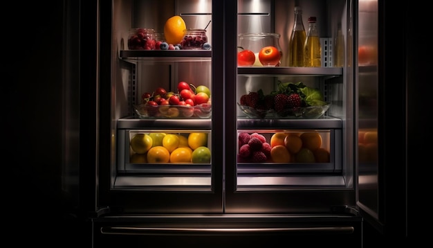 Frutta e verdura fresca sullo scaffale della cucina moderna generata dall'intelligenza artificiale