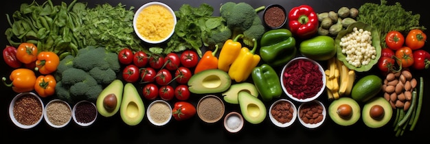 Frutta e verdura nutrienti distesi su uno sfondo scuro che ispirano uno stile di vita sano