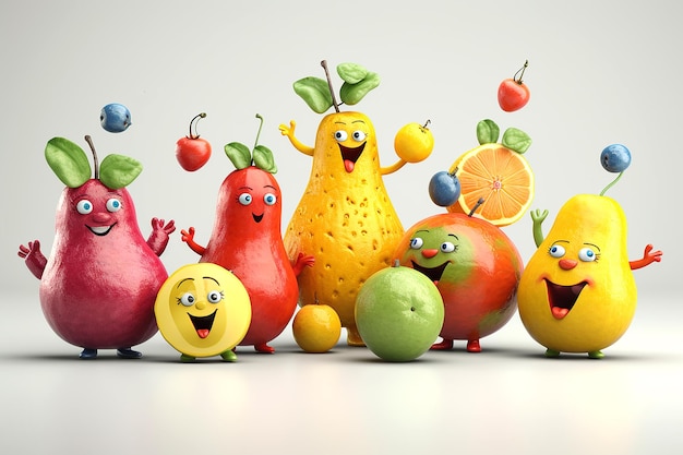 Frutta e verdura sorridenti colorate che danzano su sfondo bianco IA generativa