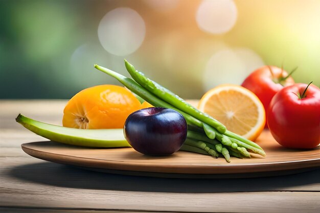 frutta e verdura su un piatto con frutta e verdura sullo sfondo