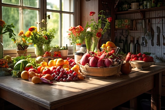 Frutta e verdura sul tavolo nella cucina di una casa di campagna Frutta e verdura sul tavolo in cucina Interno della cucina AI Generato