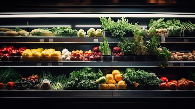 Frutta e verdura sullo scaffale refrigerato di un supermercato IA generativa