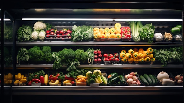 Frutta e verdura sullo scaffale refrigerato di un supermercato IA generativa