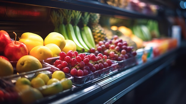 Frutta e verdura sullo scaffale refrigerato di un supermercato IA generativa