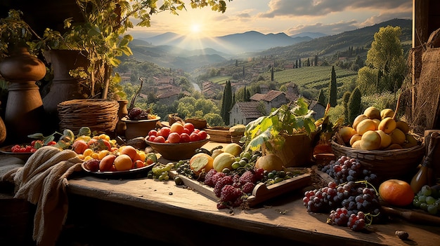 Frutta e verdura sullo sfondo di un bellissimo paesaggio rurale provinciale agricolo con campi autunnali sulle colline Illustrazione stilizzata dell'agricoltura ecologica generata dall'intelligenza artificiale