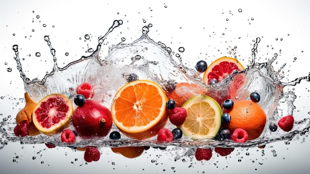 Frutta e verdura vengono versate in una spruzzata d'acqua.