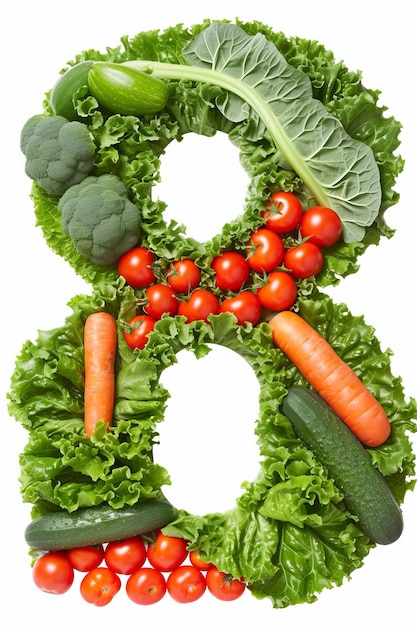 Frutta e verdura vivaci numero 8 su sfondo bianco per disegni creativi e concetti salutari