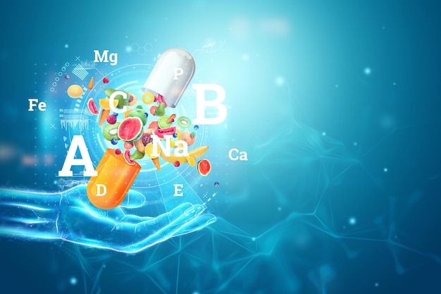 Frutta e vitamine, integratori alimentari sotto forma di capsule medicinali volano direttamente e capsule. Dieta corretta, dieta, medicina alternativa, vitamine. Illustrazione 3D, rendering 3D.