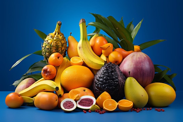 Frutta esotica tropicale succosa raccolta su sfondo blu