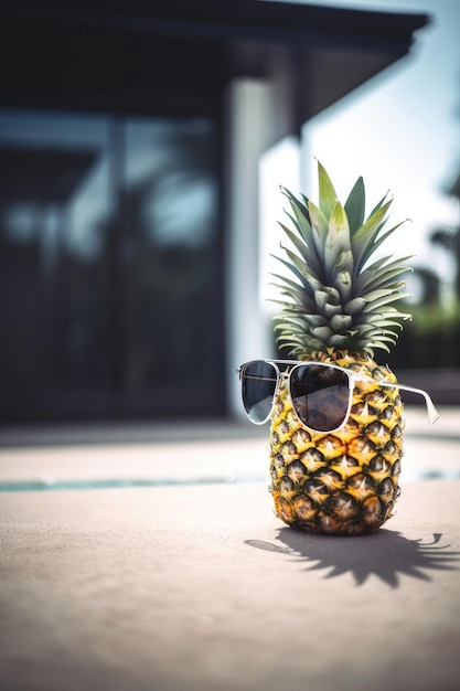 Frutta estiva Divertente ananas con occhiali da sole vicino a una piscina Concetto di vacanza IA generativa