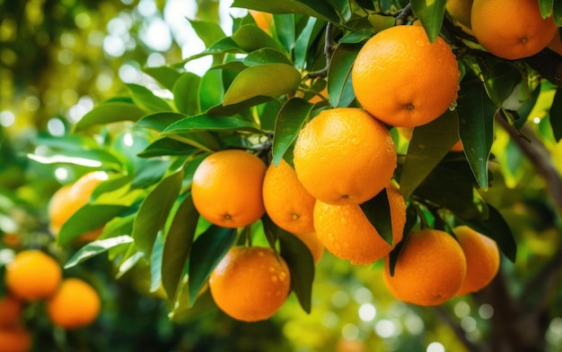 Frutta fresca appesa agli alberi in una fattoria di arance