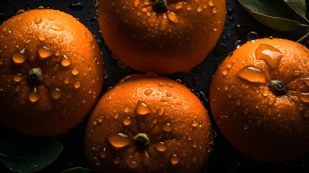 Frutta fresca arancione con spruzzi d'acqua e gocce su sfondo nero