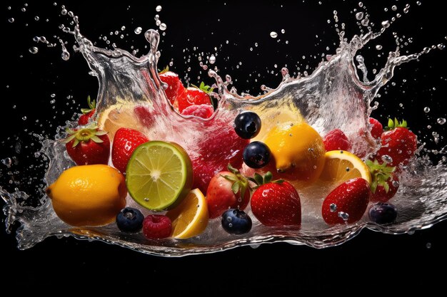 Frutta fresca che cade in acqua con spruzzi su sfondo nero Concetto di alimentazione sana