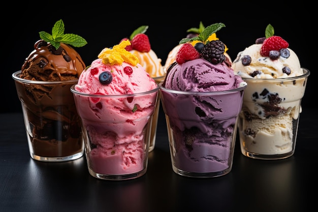 Frutta fresca con cucchiaini di colorato delizioso cremoso vaniglia e fragola sullo sfondo del gelato