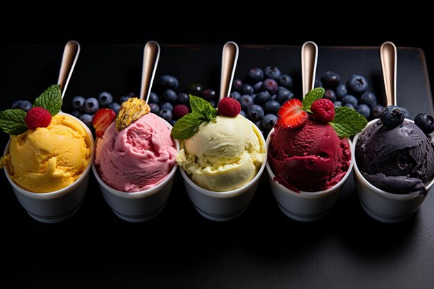 Frutta fresca con cucchiaini di cremosa specialità di vaniglia e fondo di gelato alla fragola