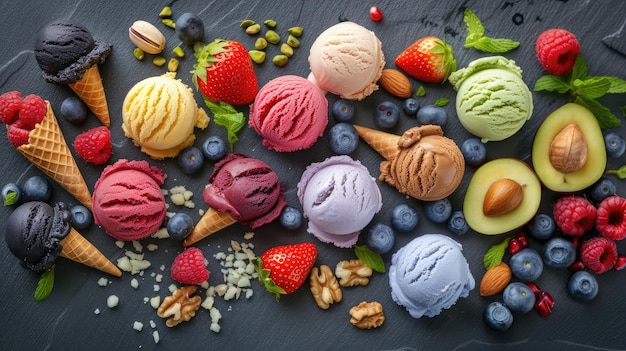 Frutta fresca con cucchiaini di gelato cremoso di specialità in sapori variati con frassoni bacca mirtillo fragola noce pistacchio cioccolato coni di zucchero e una cucchiaino per servire dall'alto