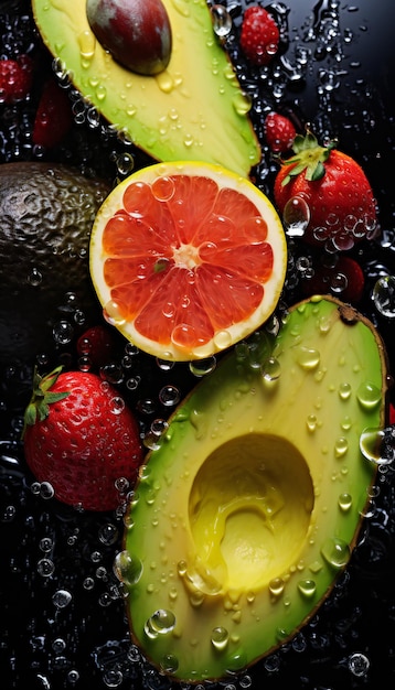 Frutta fresca con gocce d'acqua su sfondo nero Concetto di cibo sano