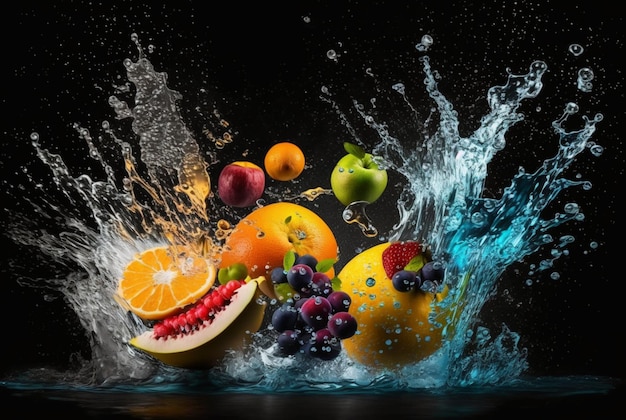 Frutta fresca con spruzzi d'acqua isolati su sfondo nero ai generativa