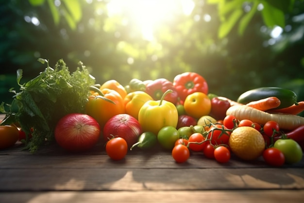 Frutta fresca con verdure fresche su tavola di legno con sfondo sfocato di giardino e luce solare ai generativa