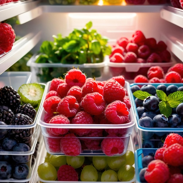 Frutta fresca conservata in modo ordinato in contenitori di pasta trasparenti