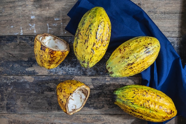 Frutta fresca del cacao su fondo di legno