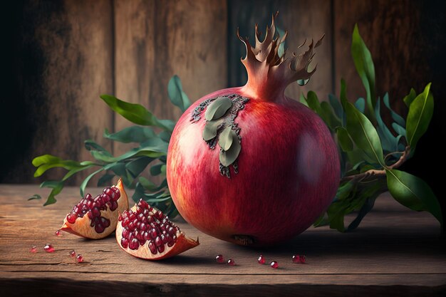 Frutta fresca del melograno su un tavolo di legno d'epoca