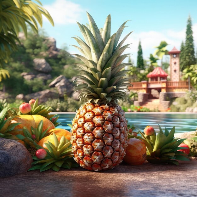 Frutta fresca dell'ananas che vola nel ristorante del fondo dello studio e nel fondo del giardino