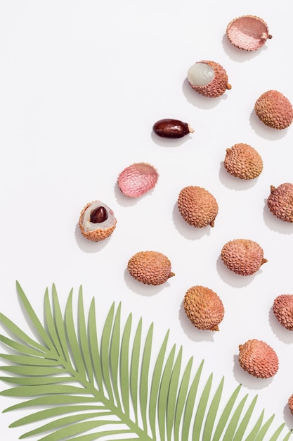 Frutta fresca di litchi e foglia di palma su sfondo bianco Concetto minimo di frutta e estate