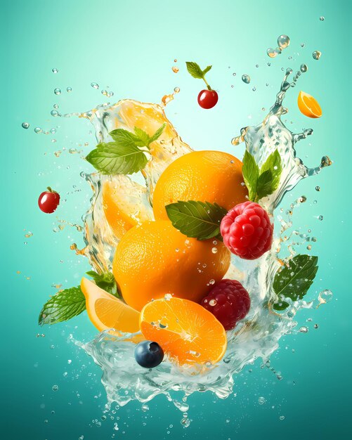 Frutta fresca e acqua ondata rinfrescante tema di composizione di design sano IA generativa