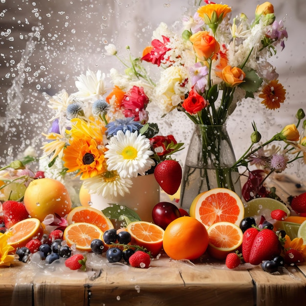 Frutta fresca e fiori in acqua spruzza una natura morta dinamica e colorata