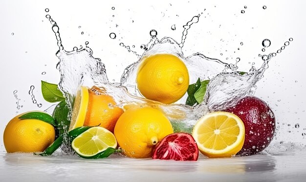 Frutta fresca e spruzzi d'acqua per uno spuntino sano Creazione utilizzando strumenti di intelligenza artificiale generativa